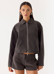 Austina Faux Suede Boxy Jacket - Tan Grey