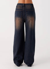 Back Again Straight Leg Denim Jeans - Brown Blue Acid Wash