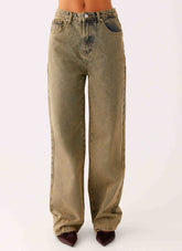 Back Again Straight Leg Denim Jeans - Brown Sand Wash