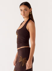 Brienne Beaded Halter Top - Chocolate
