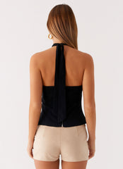 Catch Me Later Linen Halter Top - Black