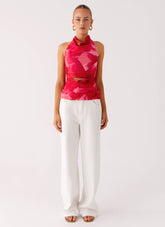 Delany Halter Top - Peach Watermelon Flower