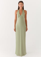 Heavy Hearted Satin Maxi Dress - Sage