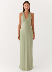 Heavy Hearted Satin Maxi Dress - Sage
