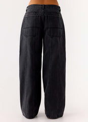 Johnny Low Rise Wide Leg Denim Jeans - Grey Charcoal