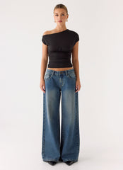 Neo Low Rise Wide Leg Denim Jeans - Vintage Blue Bleach Wash