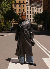 Out On The Town Faux Leather Midi Trench - Black