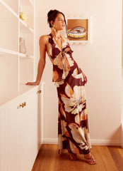 Camellia Halterneck Top - Brown Floral