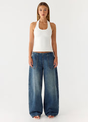 Seethal Low Rise Washed Denim Jeans - Mid Wash Blue