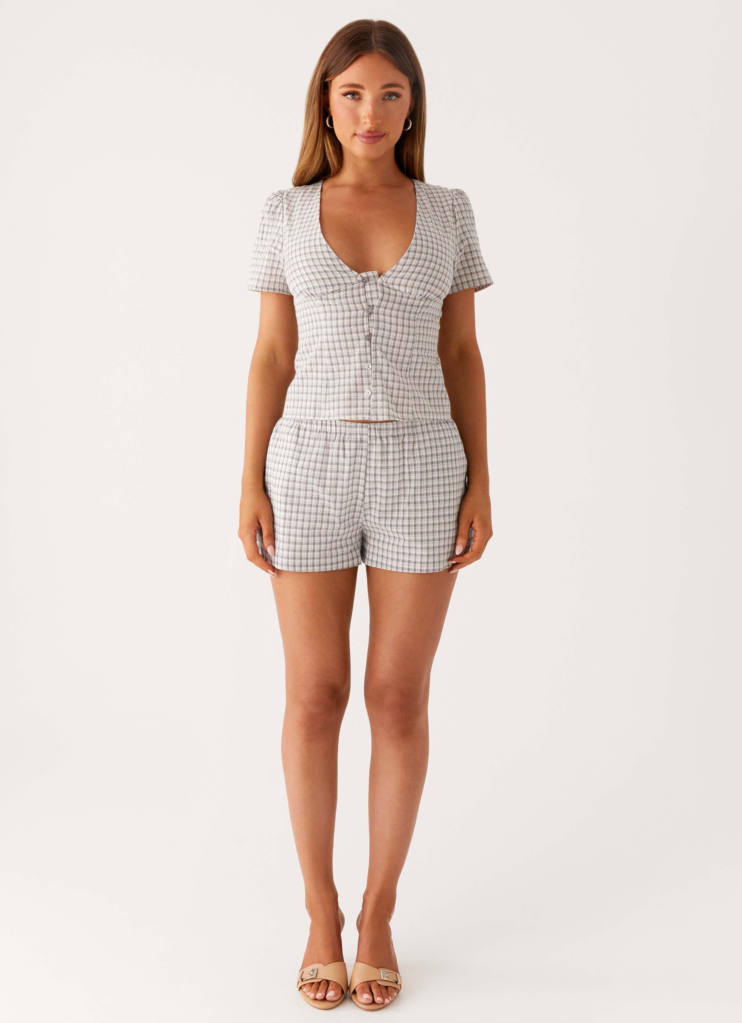 Adalina Button Up Top - Grey Check