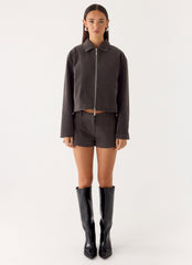 Austina Faux Suede Boxy Jacket - Tan Grey