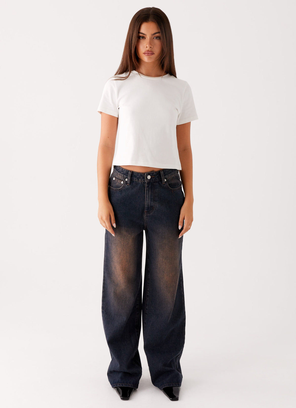 Back Again Straight Leg Denim Jeans - Brown Blue Acid Wash