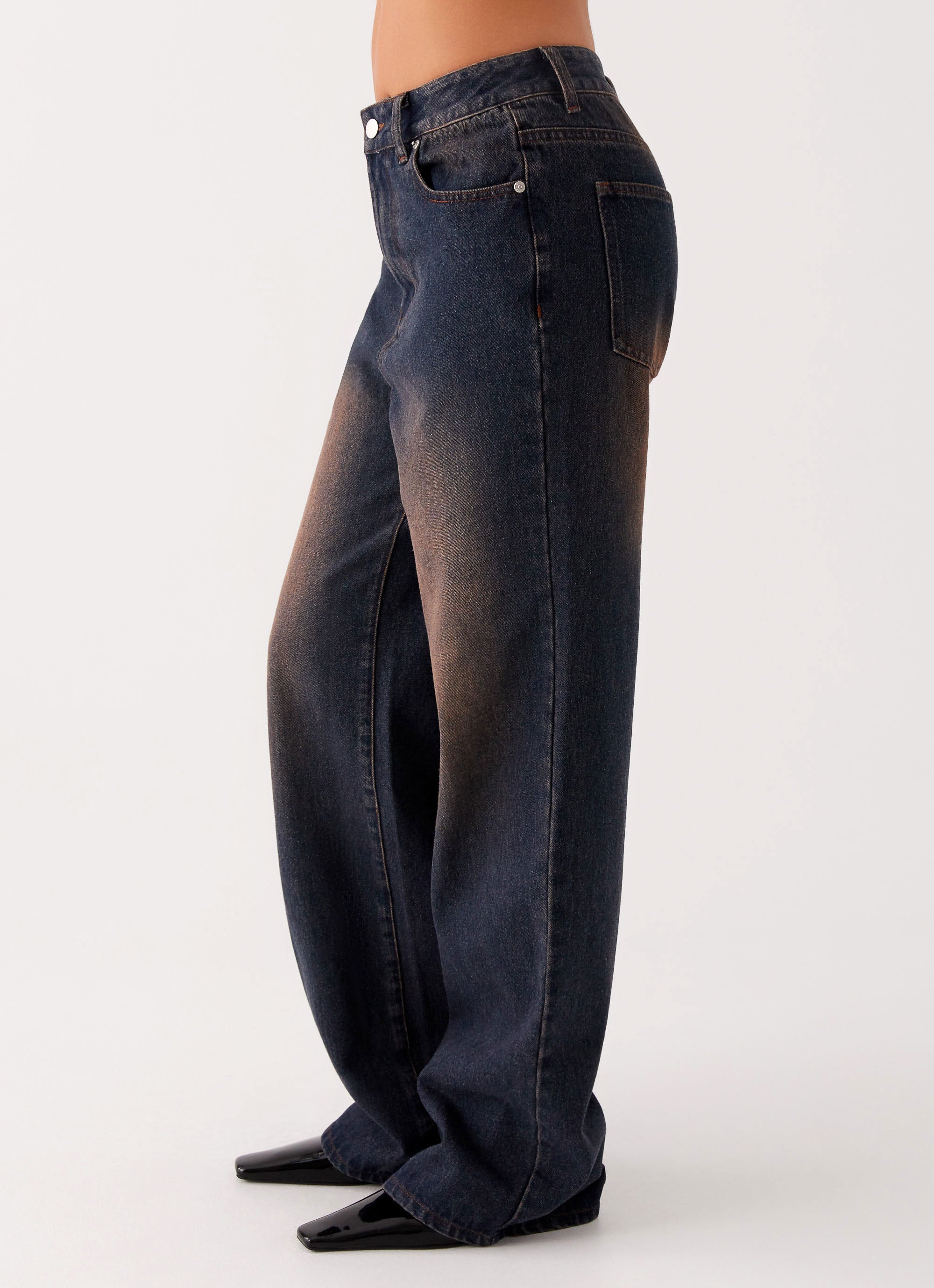 Back Again Straight Leg Denim Jeans - Brown Blue Acid Wash
