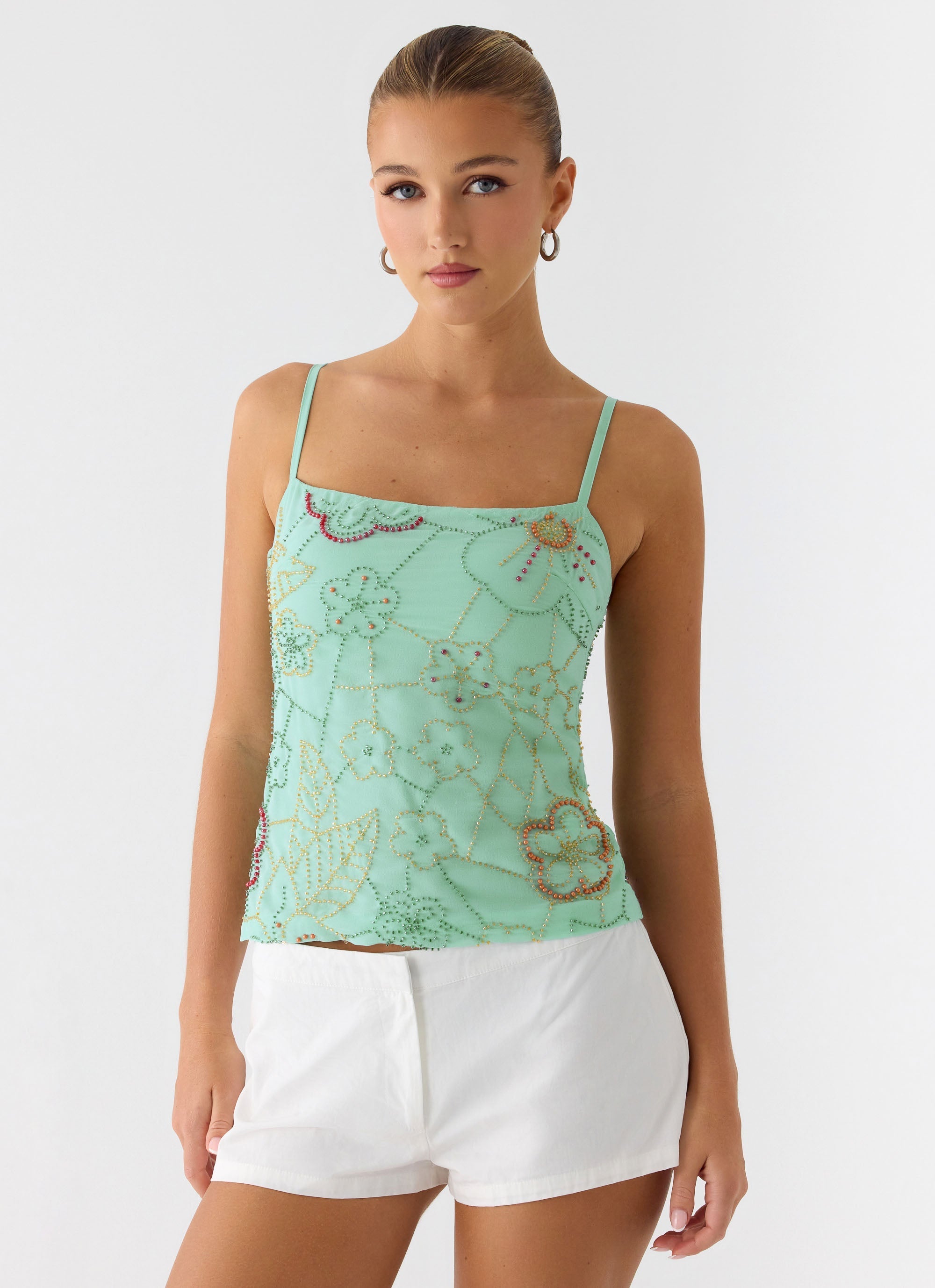 Be Alright Beaded Top - Turquoise