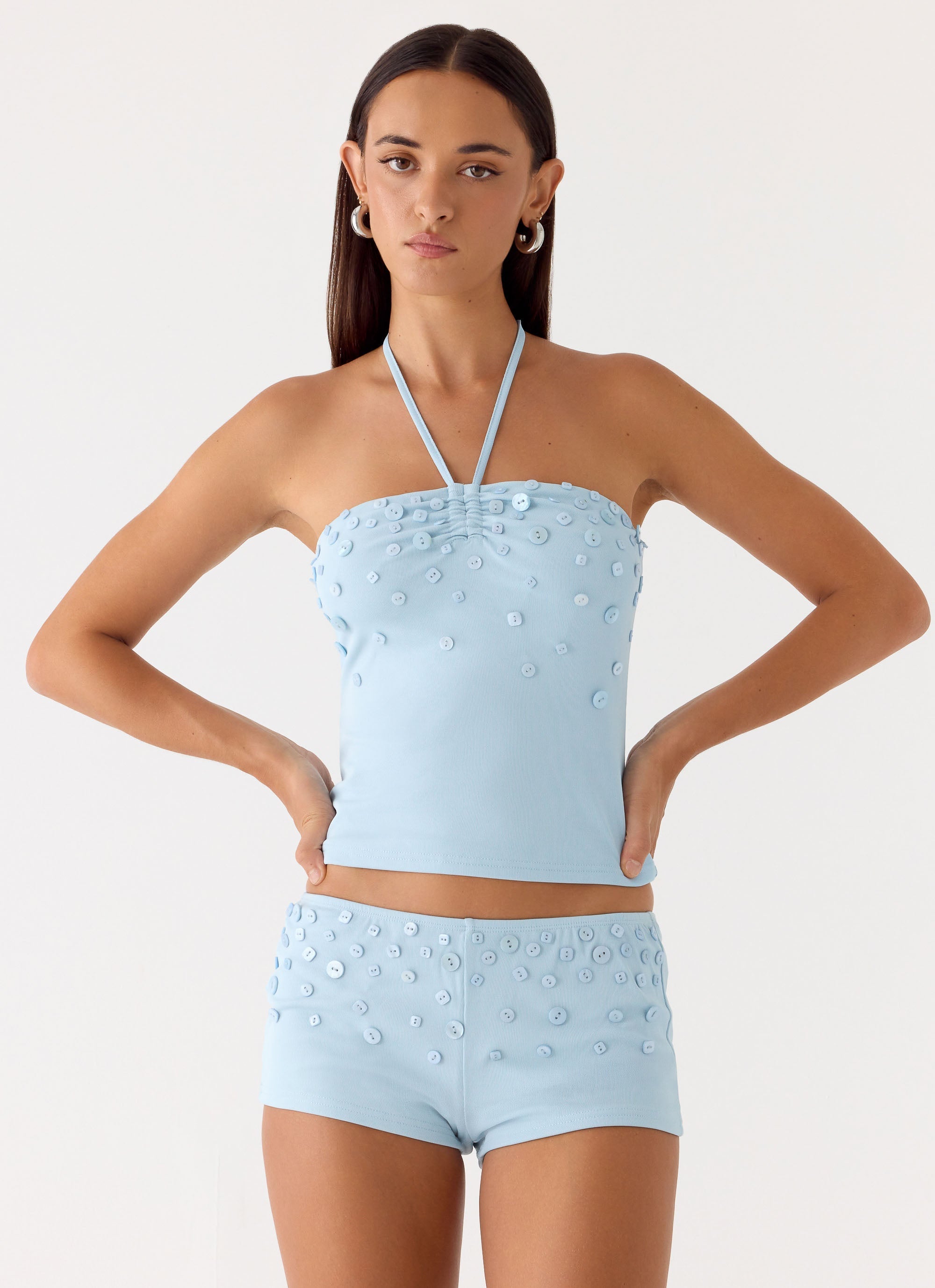 Bonita Button Mini Shorts - Pale Blue