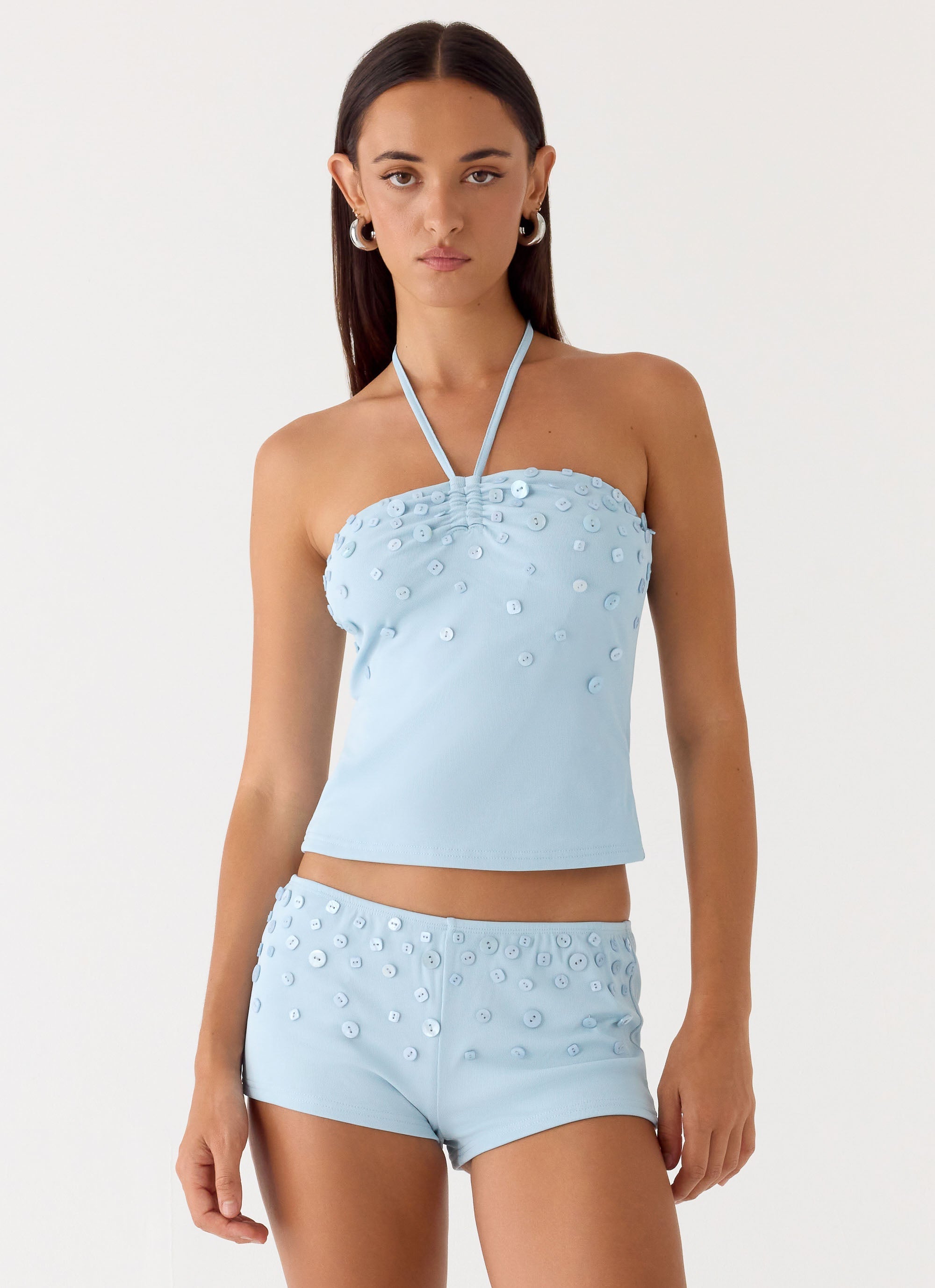 Bonita Button Mini Shorts - Pale Blue