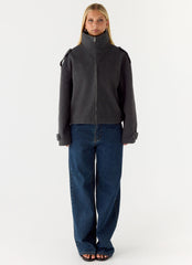 Kaiden Faux Wool Bomber Jacket - Charcoal