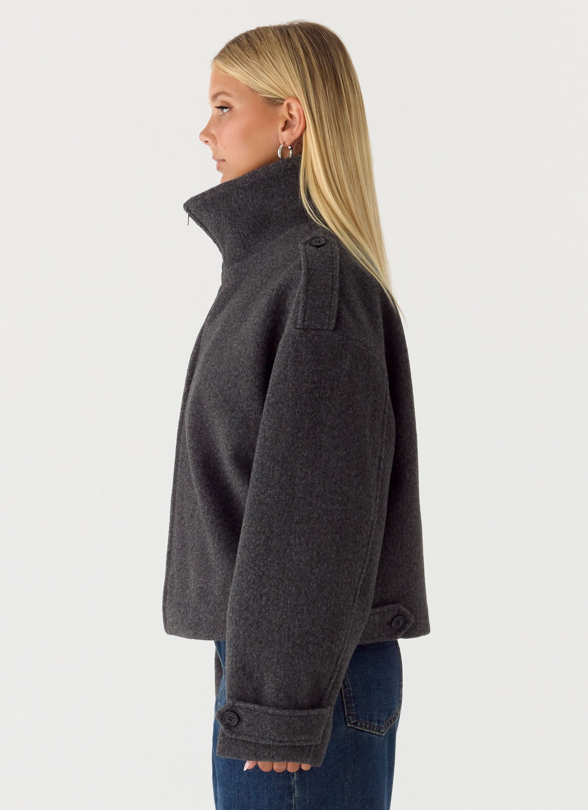 Kaiden Faux Wool Bomber Jacket - Charcoal