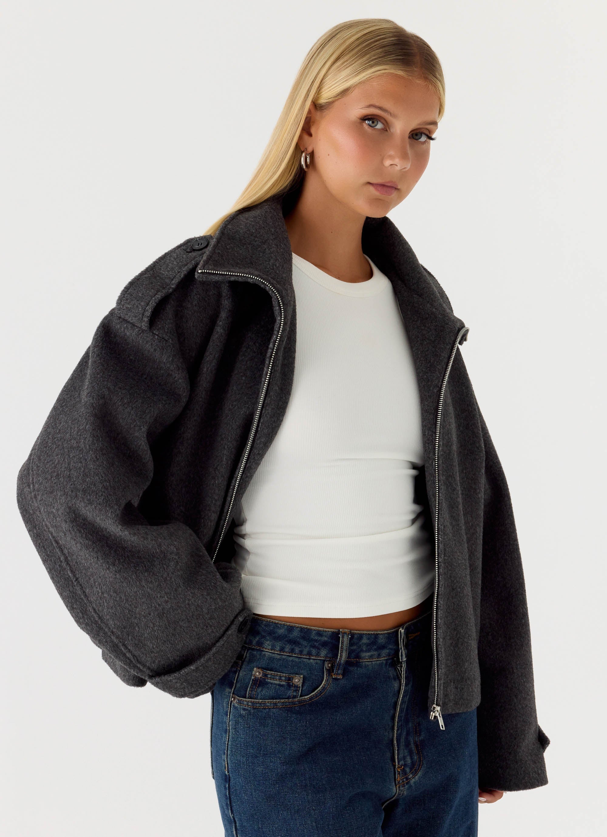 Kaiden Faux Wool Bomber Jacket - Charcoal