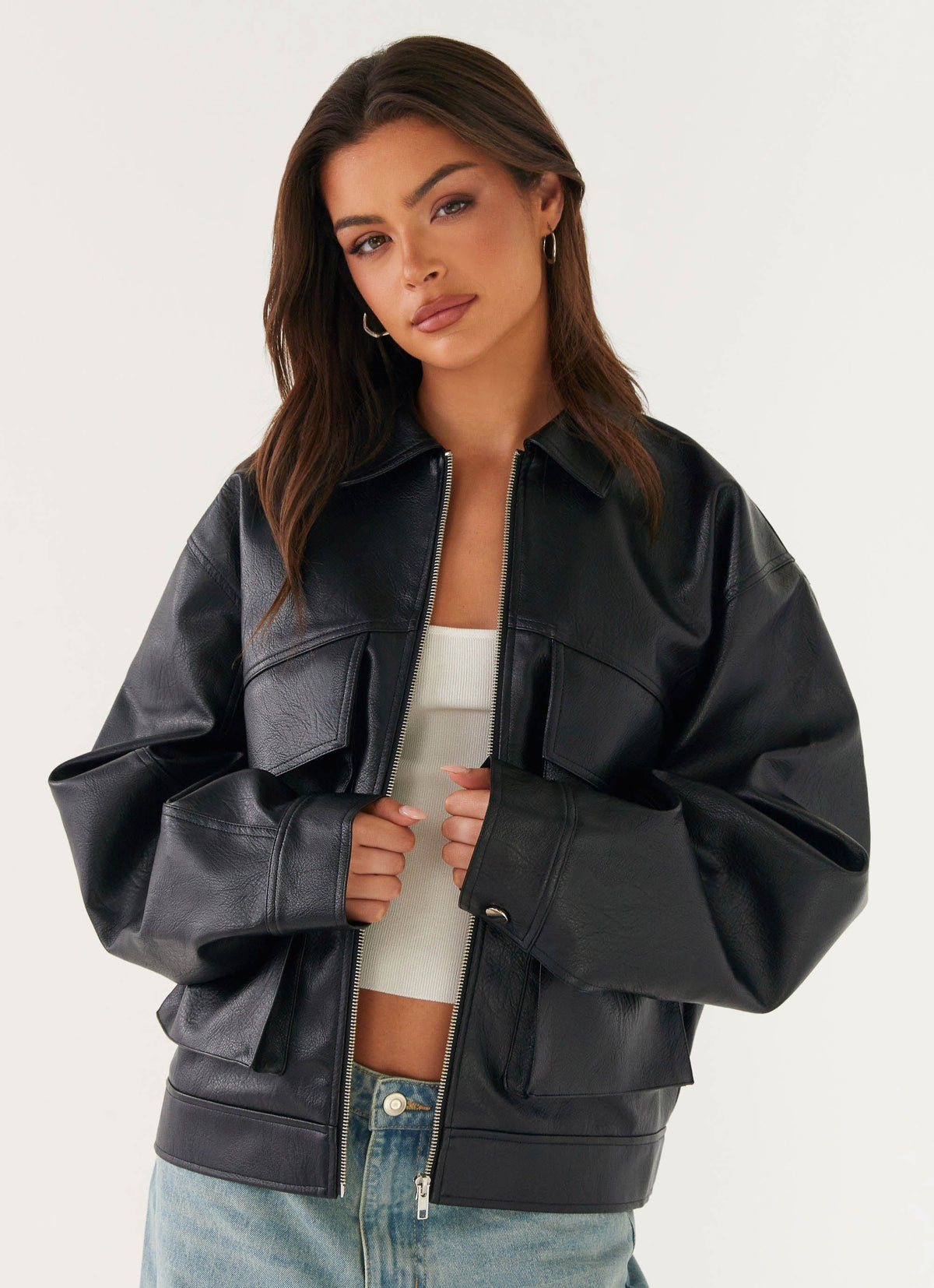 Lula Faux Leather Bomber Jacket - Black